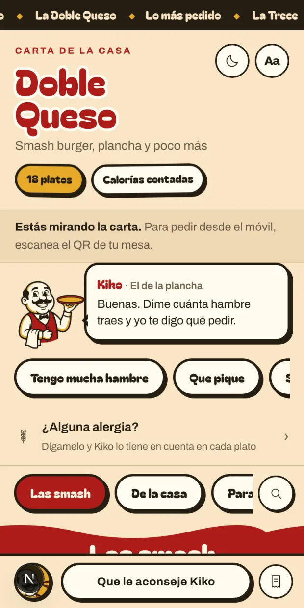 La carta de Doble Queso en el móvil de un cliente